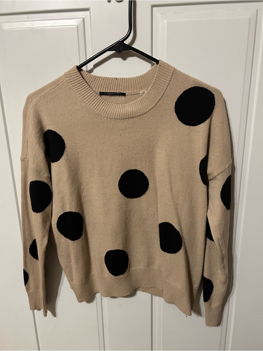 T Tahari Cream Crewneck Sweater with Black Polka Dots woman’s small